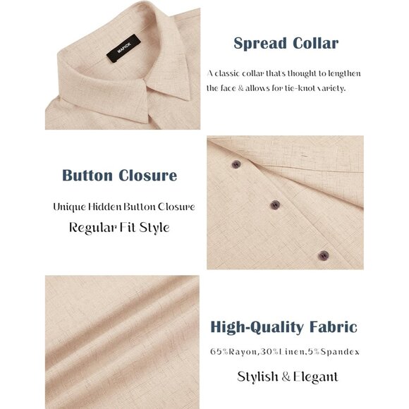 Men's Light Khaki Linen Short Sleeve Button Down Casual Shirt Business - Picture 5 of 6